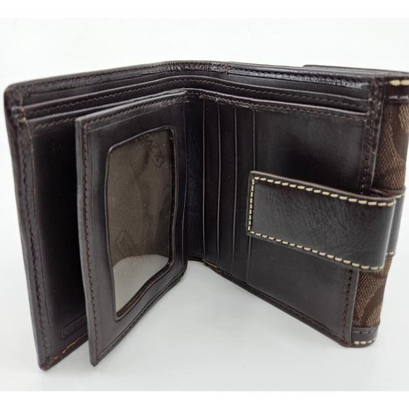 Coach Dark Chocolate Brown Signature Canvas Leather Tri-Fold Snap Wallet - Picture 7 of 13